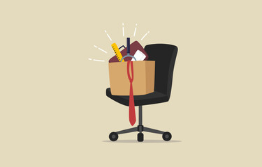 Resignation, unemployment, Employee resign, quit or leaving company. Packed box on office chair.