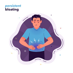 Vector concept of persistent bloating and abdominal discomfort. Man with a symptom of Irritable Bowel Syndrome, IBS, SIBO, or food intolerance. For gastroenterology articles