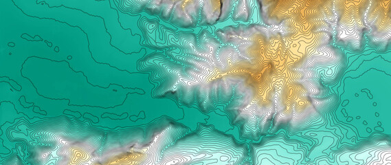 Concept de fond - Erosion - Vue aérienne de paysage vallonné territoire montagneux - Rendu 2d modèle numérique de terrain avec colorisation hypsométrique et courbes de niveaux