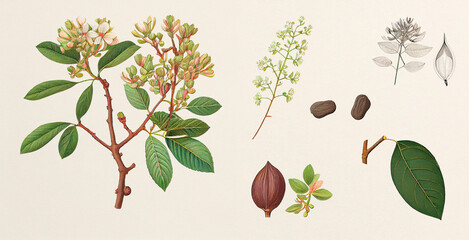 Arjun (Terminalia Arjuna). Botanical illustration on white paper. The best medicinal plants, their effects and contraindications. Natural medicine. Plant properties