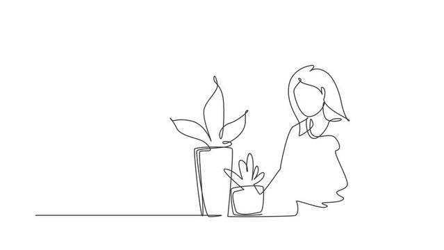 Self drawing animation of single line draw woman watering houseplants. Home garden house plants concept. Girl taking care of houseplants growing in planters. Continuous line draw. Full length animated