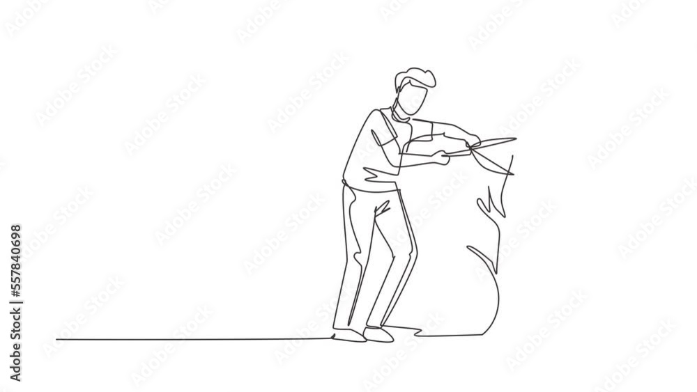Poster animated self drawing of continuous line draw gardener works in garden with scissors cuts tree, take
