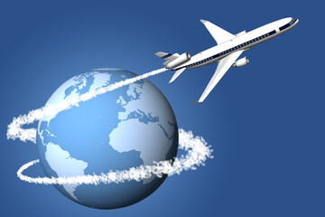 Aeroplano  con sullo sfondo il mondo con le sue possibili destinazioni..