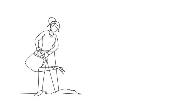 Self drawing animation of single line draw lovely woman or gardener taking care of home garden, watering houseplants growing in greenhouse with watering can. Continuous line draw. Full length animated