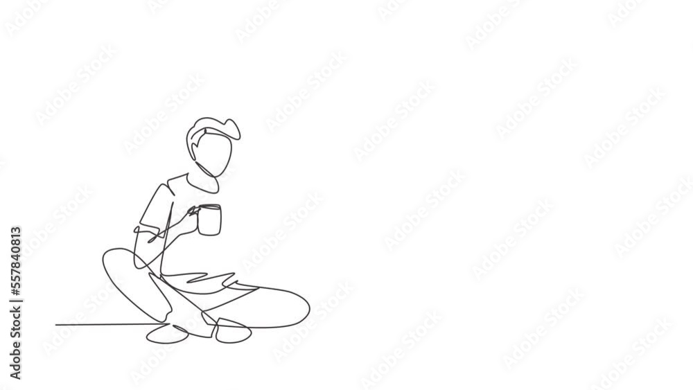 Poster self drawing animation of single line draw student preparing for exam. man studying, reading textboo