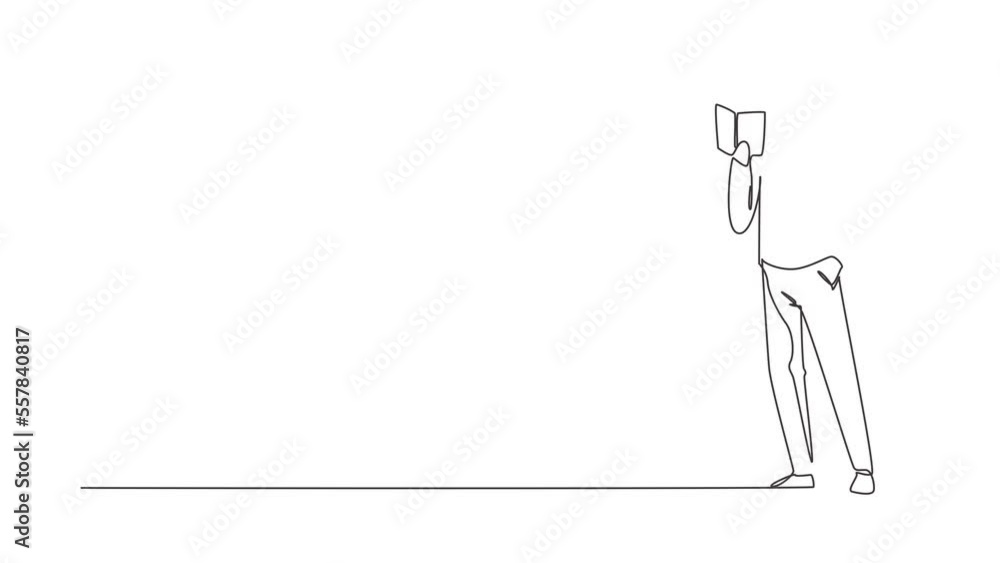 Aufkleber animated self drawing of continuous one line draw guy standing and reads book that holds in one hand