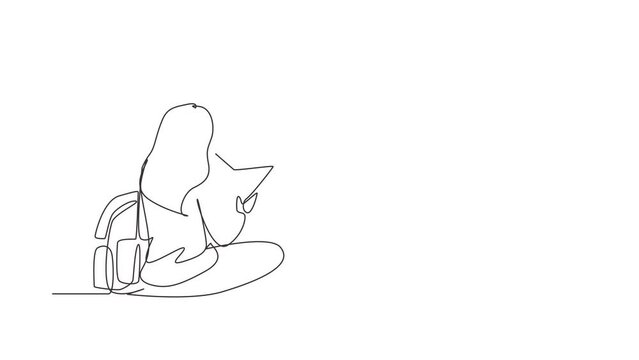 Animated self drawing of continuous line draw education. Back view woman sitting on floor reading book. Student prepare to exam, back to school gaining knowledge. Full length one line animation