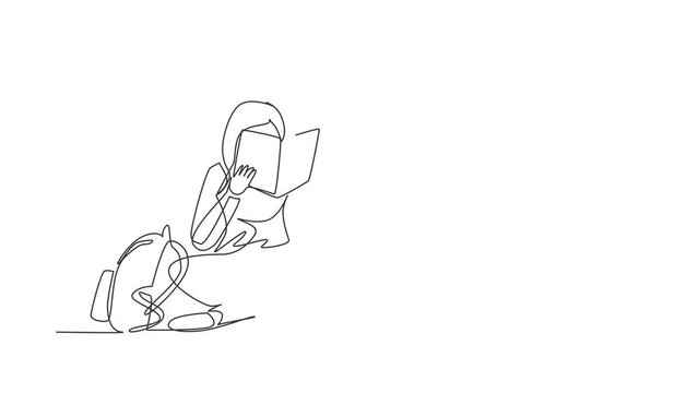 Animated self drawing of continuous line draw young woman reading book sitting on floor. Smart female reader enjoying literature or studying and preparing for exam. Full length one line animation