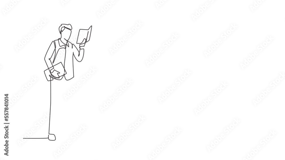Poster animated self drawing of continuous line draw man stands holds book in his hands. guy reading book. 