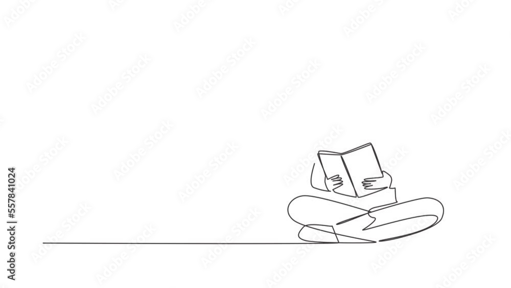 Poster animated self drawing of continuous line draw man is sitting reading book. student is preparing for 