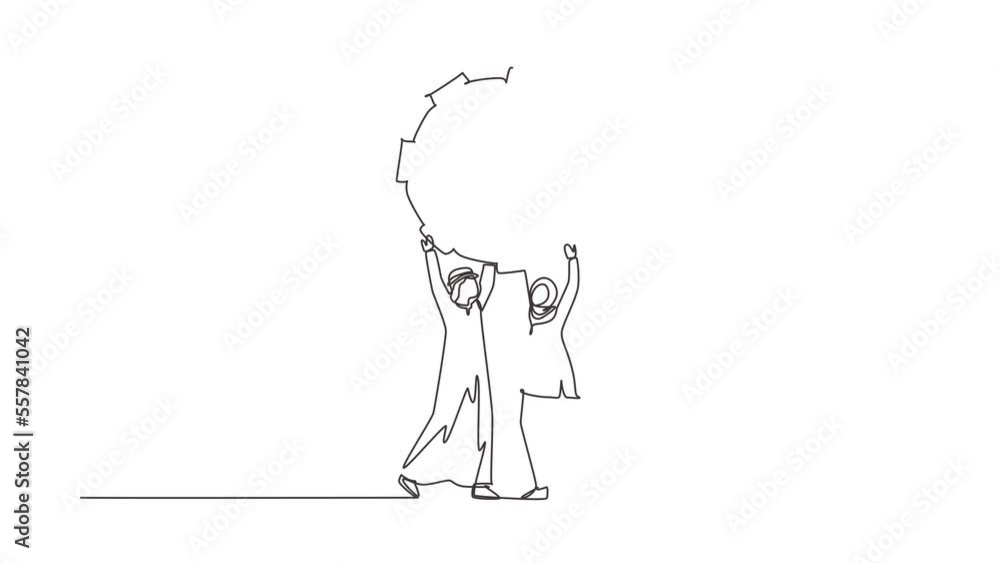 Aufkleber self drawing animation of single line draw collaboration. arabian man woman lifting gears. people wo