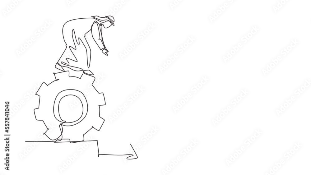 Poster self drawing animation of single line draw two businessmen helping each other on top of cog. teamwor