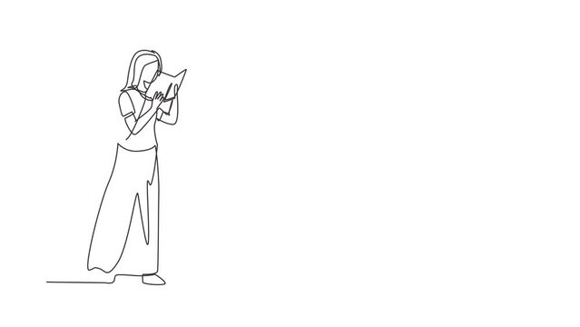 Self drawing animation of single line draw lady with short hairstyle trendy bag holding book. Girl reading book. Student, bibliophile, literature fan. Continuous line draw. Full length animated