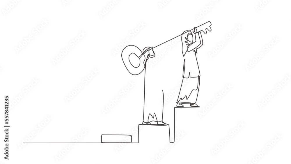 Poster animated self drawing of continuous line draw teamwork key to success. business solution. businessma