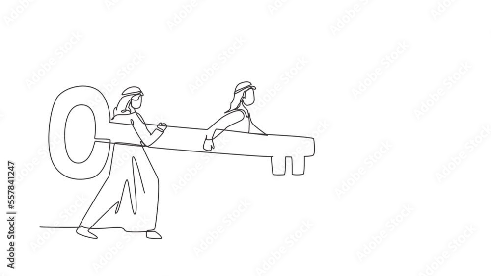 Poster animated self drawing of continuous line draw business men standing in front of keyhole with big key