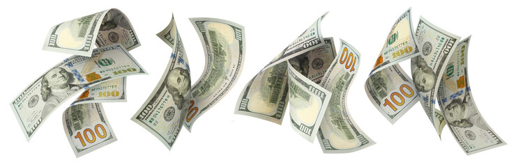 Collection of flying hundred dollar banknotes, isolated on white background