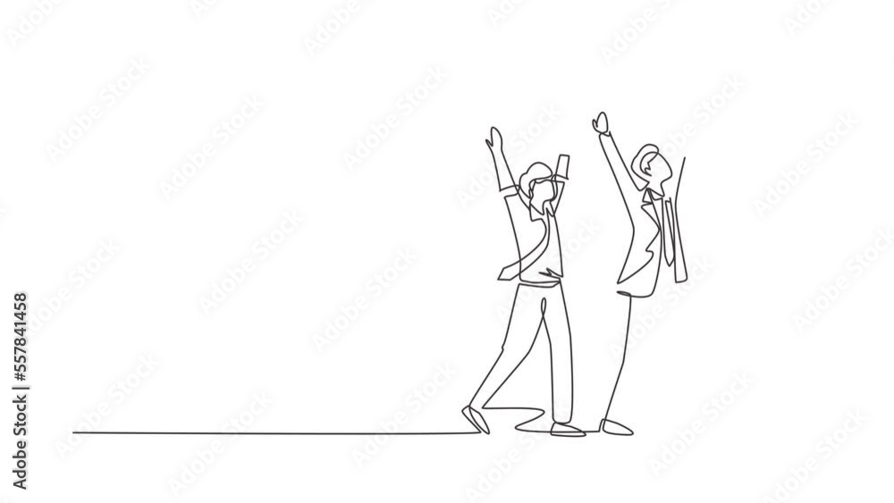 Poster animated self drawing of continuous line draw business concept with two male figures wearing suits l