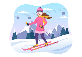 Ski Illustration with Skiers Sliding Near Mountain Going Downhill in Skiing Resort in Flat Winter Sport Activities Cartoon Hand Drawn Templates