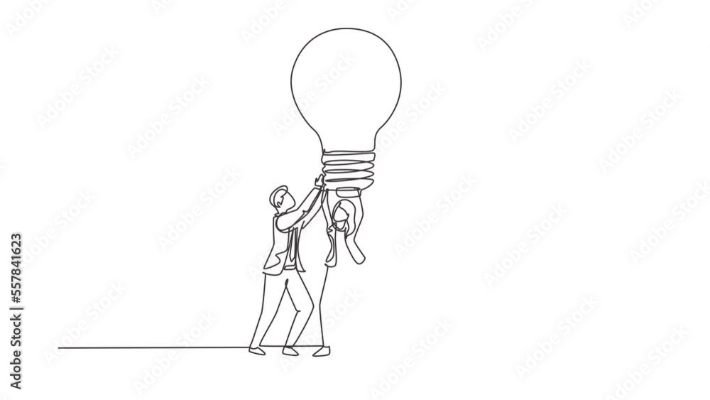 Poster self drawing animation of single line draw people hold lamp new idea. success in business rely on te