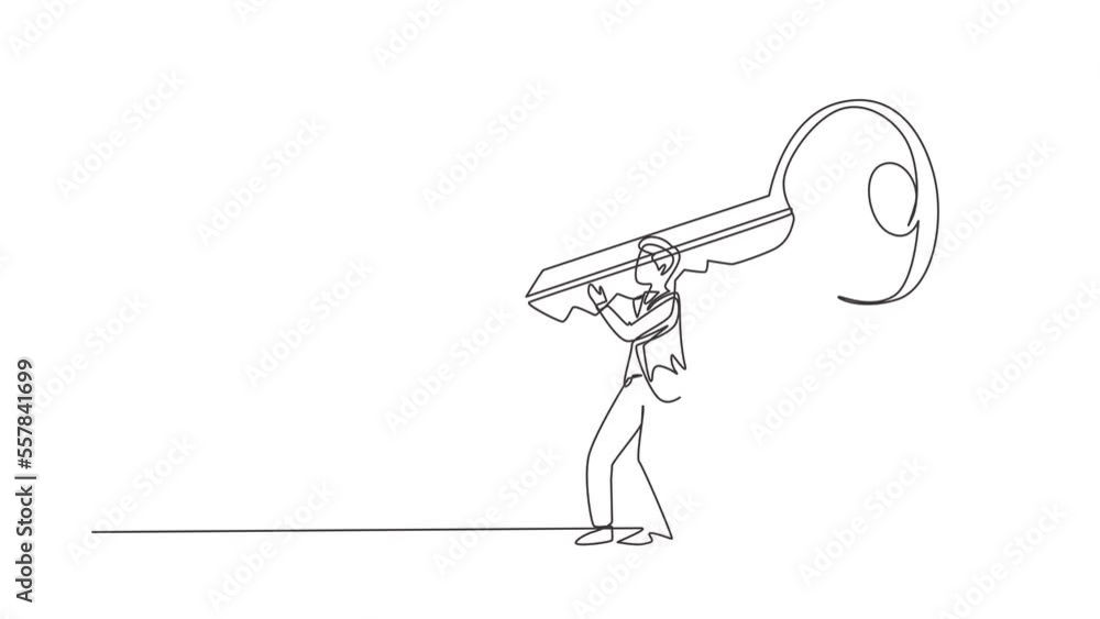 Poster animated self drawing of continuous line draw business solution. teamwork achievement. cooperation c