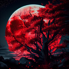Big red moon. Fantasy landscape illustration