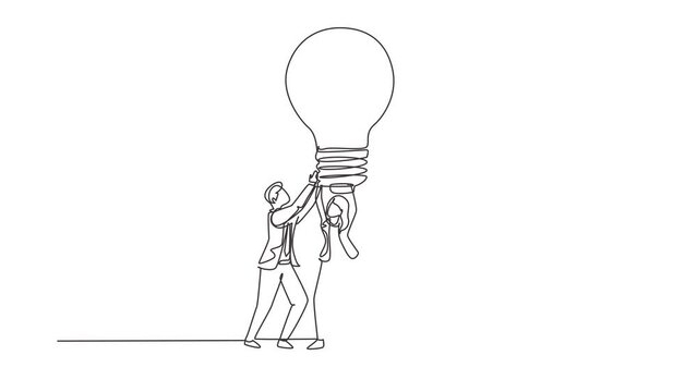 Self drawing animation of single line draw people hold lamp new idea. Success in business rely on teamwork, planning, finding creative solution to problem. Continuous line draw. Full length animated