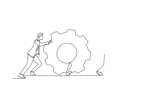 Self drawing animation of single line draw men pulling large gear on rope. Business leader help team pull cog, businessman push gear, business concept. Continuous line draw. Full length animated