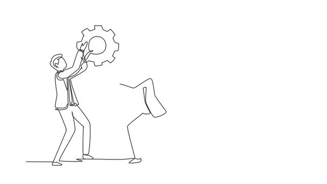 Self drawing animation of single line draw team of business tech people hold up technology gear collaboration. Businessmen lifting cogs wheel work together. Continuous line draw. Full length animated