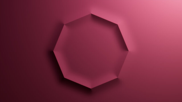Maroon Gradient Background with Embossed Octagon. Minimalist Surface with Raised 3D Shape. 3D Render.