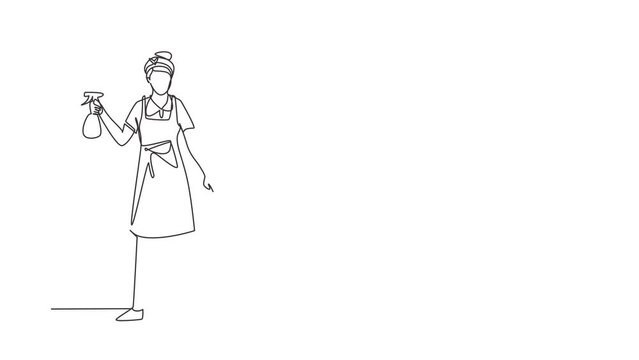 Animated self drawing of continuous line draw woman cleaning, tidying home, female wiping window glass with detergents, special supplies. Cleanup housekeeping of house. Full length one line animation