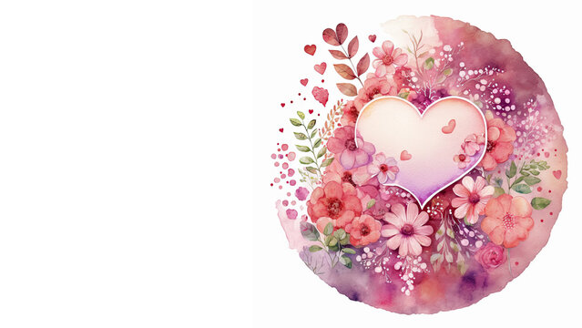 Watercolor Flowers with Love Heart. Beautiful, Floral Valentine's Day Background with copy-space.