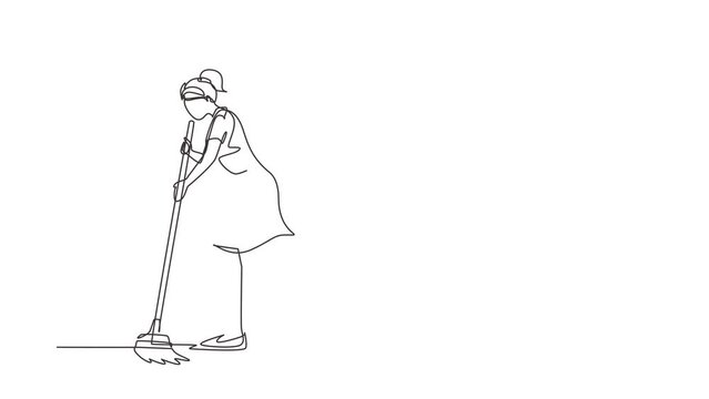 Animated self drawing of continuous line draw female mopping floor. Cleaning workers. Professional cleaning staff, domestic cleaner worker and cleaners equipment. Full length one line animation