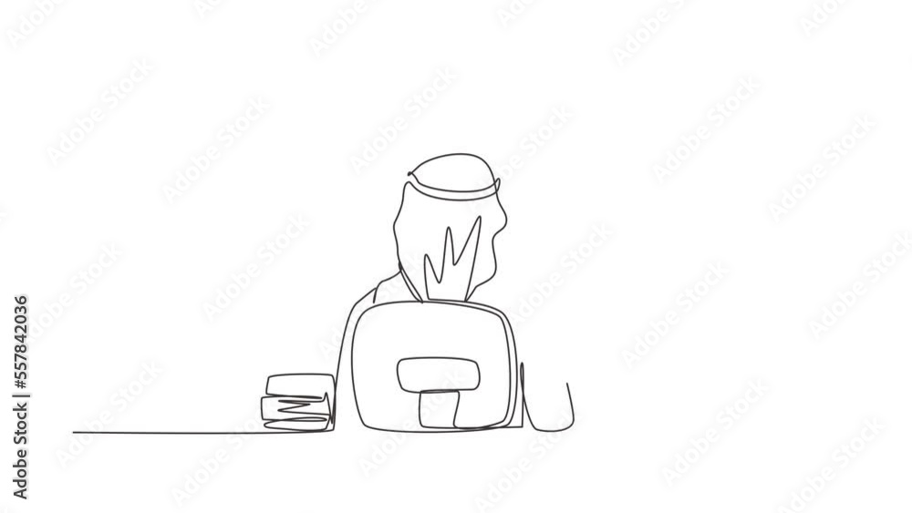 Poster animated self drawing of continuous line draw back view of arabic man sitting at desk and reading bo