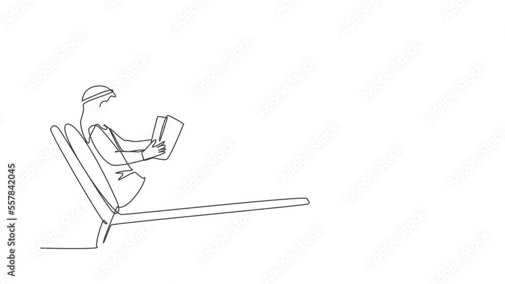 Poster self drawing animation of single line draw reclined arabian man reading book in lounge. chill out ti