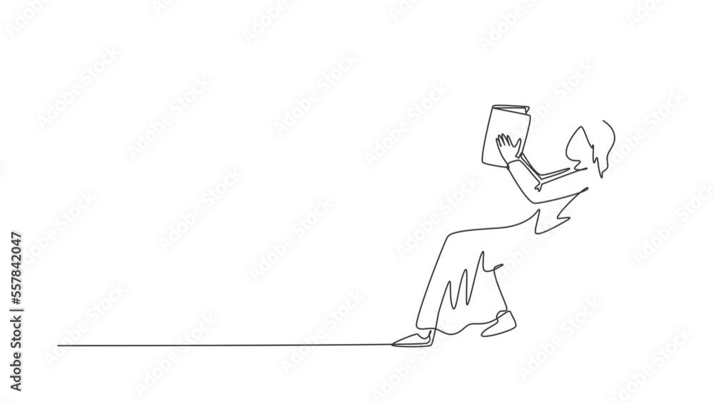 Poster self drawing animation of single line draw man reads book. side view of exiting process of learning 