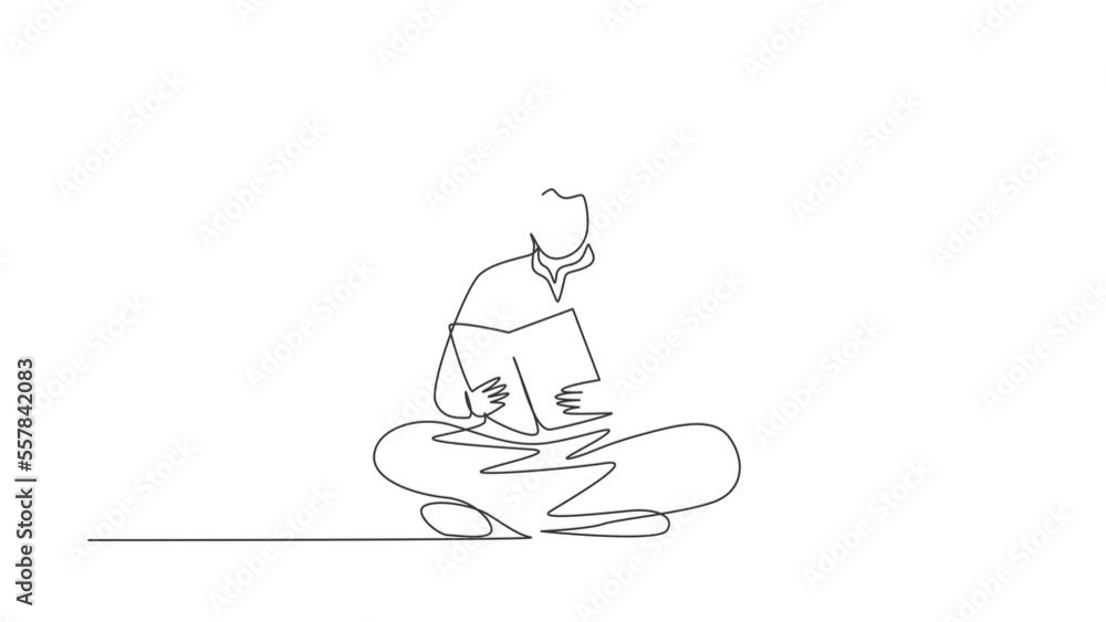 Poster animated self drawing of continuous line draw man is sitting reading book. student is preparing for 