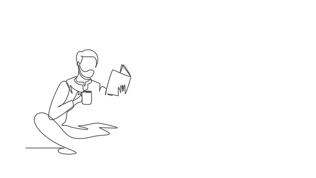 Self drawing animation of single line draw Arab student preparing for exam. Man studying, reading textbooks, drink cup of coffee. Reader sitting, learning. Continuous line draw. Full length animated