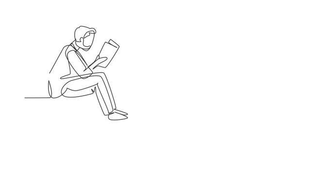 Animated self drawing of continuous line draw Arabian student sitting at table, holding book in hands. Female reading book. Woman reading book and preparing for exam. Full length single line animation