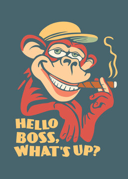 Monkey smoking big cigar funny t shirt or poster illustration. Cartoon or comic style character clothing print idea. Cool chimpanzee vector artwork idea.