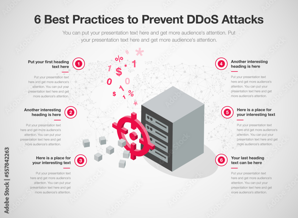 Aufkleber Simple infographic template for 6 best practices to prevent DDoS attacks. 6 stages template with a gunsight and a target server as a main symbol.