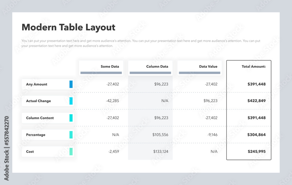 Poster Modern table layout template with a total amount column. Simple flat template for data visualization.