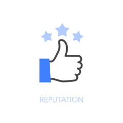 Simple visualised reputation icon symbol with a thumbs up and three stars.