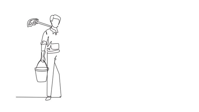 Animated self drawing of continuous line draw man mopping floor, male cleaner janitor in uniform, cleaning service concept. Housework service or housekeeping workers. Full length one line animation