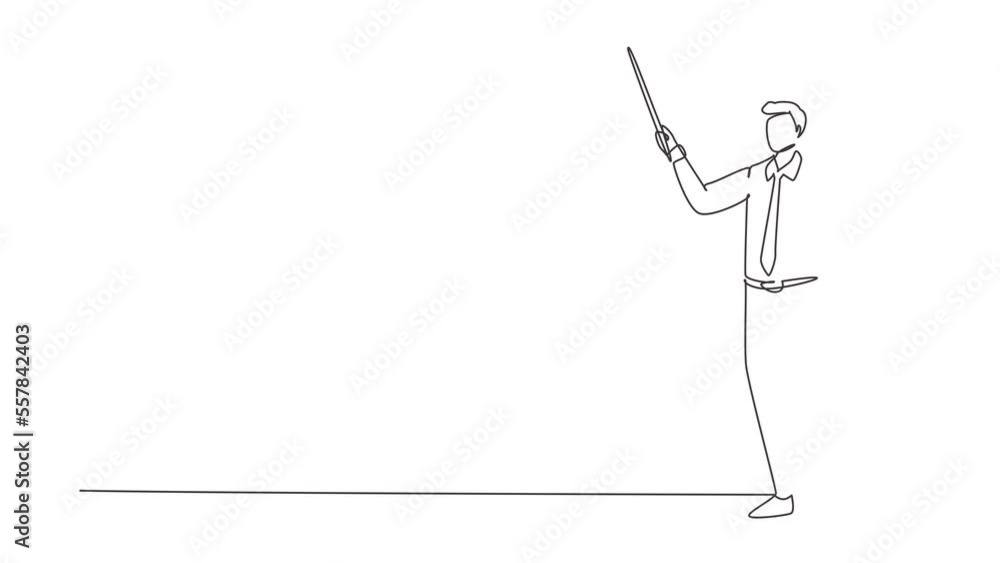 Poster self drawing animation of single line draw teacher, professor standing in front of class with pointe