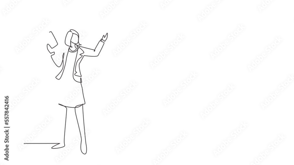 Poster animated self drawing of continuous line draw woman teacher teaching lesson in front classroom with 