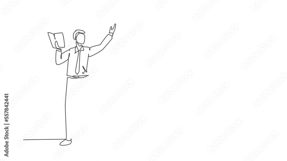 Poster animated self drawing of continuous line draw man teaching lesson in front classroom with open book.