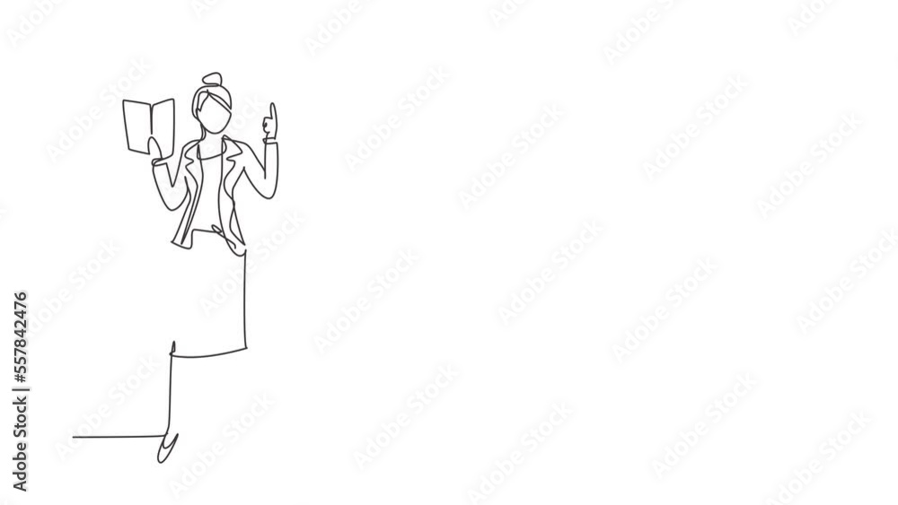 Poster animated self drawing of continuous line draw young woman professor standing in front of class with 