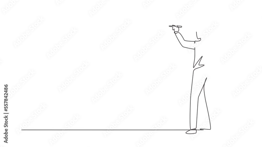 Poster animated self drawing of continuous line draw business school professor teaching explaining and writ