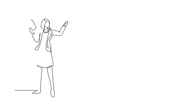 Animated self drawing of continuous line draw woman teacher teaching lesson in front classroom with open book. College class of university teacher. Female teaching. Full length one line animation