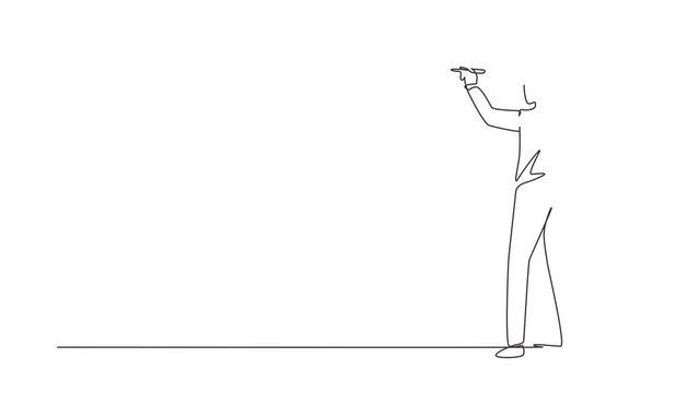 Animated self drawing of continuous line draw business school professor teaching explaining and writing formula on chalkboard. Business man teacher standing at class. Full length one line animation